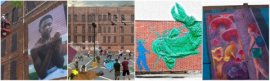 Street art commissioned for the Providence International Arts Festival. From left: a Mary Beth Meehan portrait; a rendering of Dean Avenue, a popup skate and art park; a Tape Art catfish; an Avenue Concept mural.